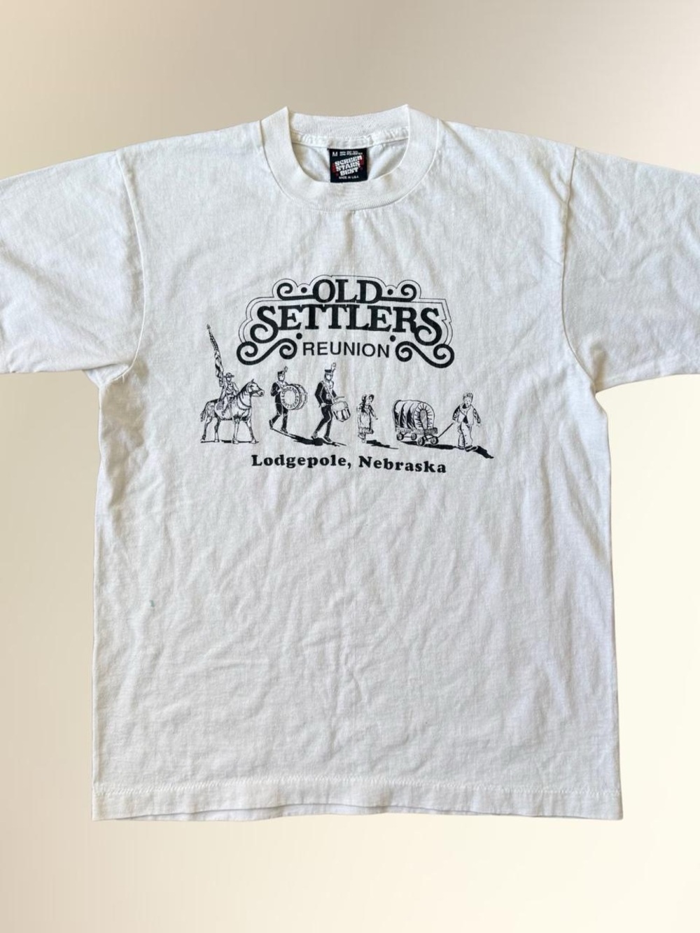 Screen Stars White Tee with Black Neck Label and Red Logo